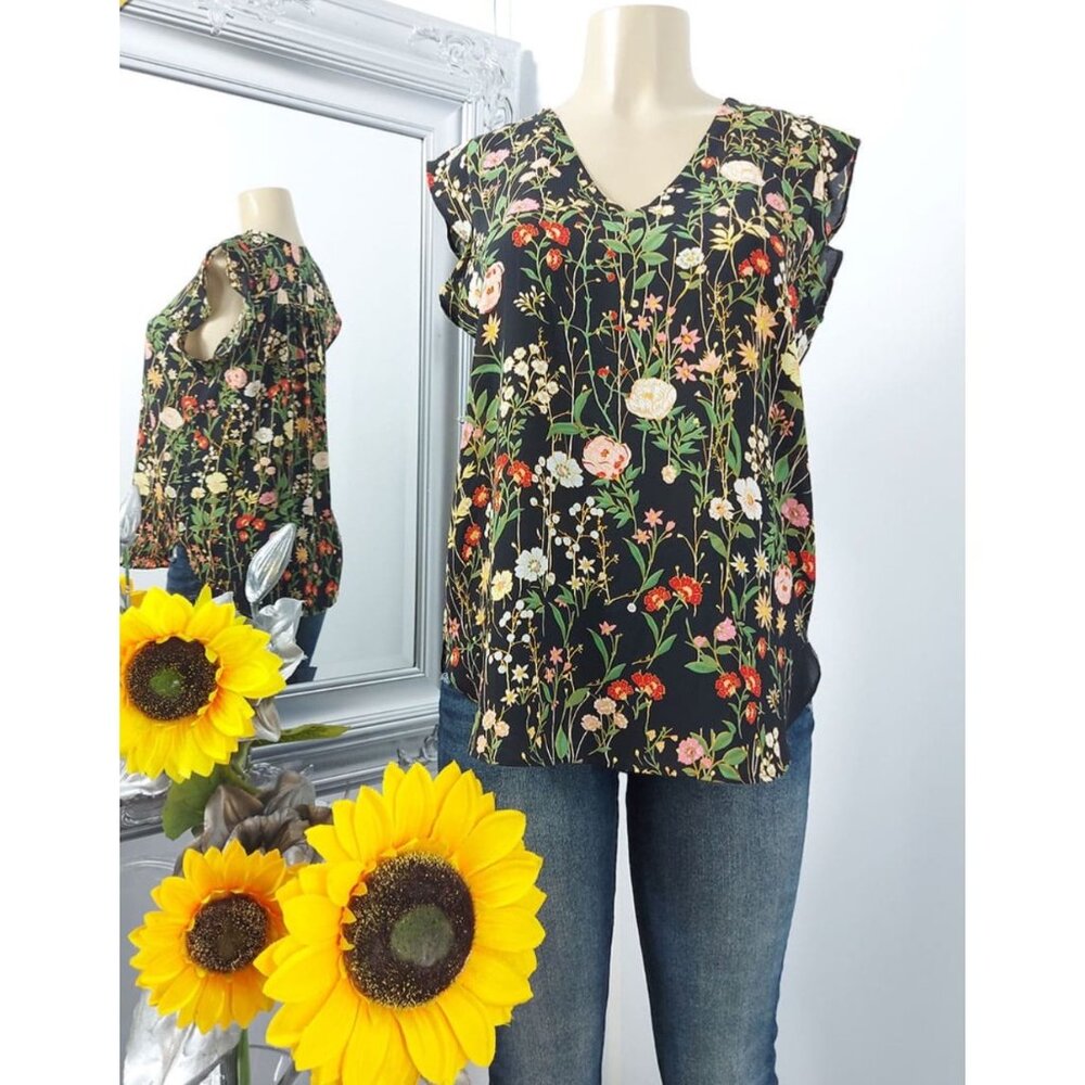 LOFT SLEEVELESS V-NECK FLORAL SHELL BLOUSE RUFFLE PETITES SIZE XSP BLACK